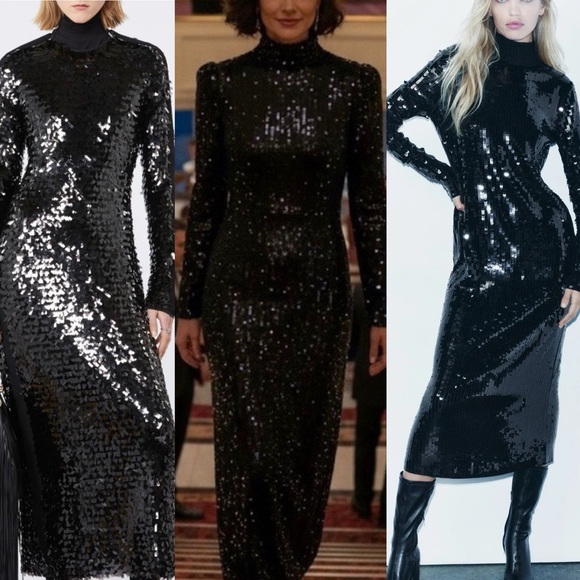 Zara Dresses & Skirts - ZARA Black Sequin Knit Mock Neck Long Dress S